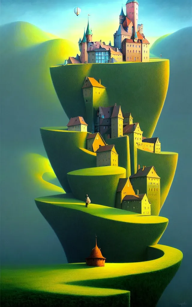 Image similar to gediminas pranckevicius an oil on canvas portrait painting of world castle happy place, volumetric light godray, surrealism, surrealist, impossible geometry, rob gonsalves, high detail fantastic