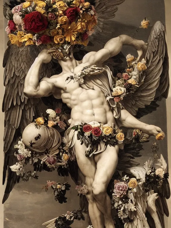 Prompt: a falling icarus with black wings in the form of a Greek sculpture with a mask in the form of golden elk skull and wreath of flowers, roses in hands, dressed in a flower dress, lie on a golden stone, silk, fabric, birds, flowers. baroque elements, human skull. full-length view. baroque element. intricate artwork by caravaggio. many many birds birds on background. Trending on artstation. halo. octane render, cinematic, hyper realism, octane render, 8k, depth of field, bokeh. iridescent accents. vibrant. teal and gold and red colour scheme