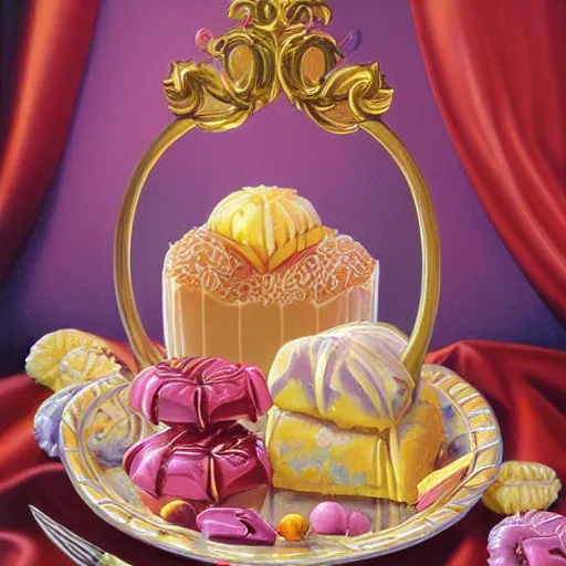 Prompt: painting of fancy pastel baroque sweets by greg hildebrandt