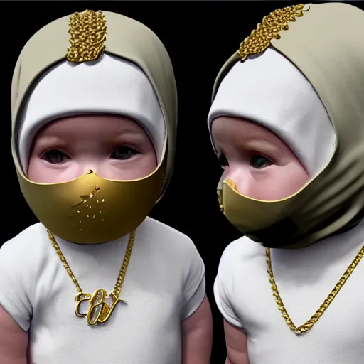 Prompt: a high tech 3 d rendering of a a baby cherub angel wearing a balaclava face mask, ski mask, face covered, covered face, fixed eyes, tattoos, multiple gold cuban chain necklace, concept art octane render, blender, cinema 4 d