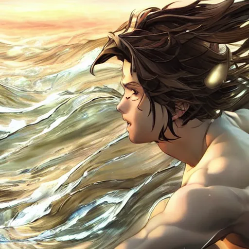 Prompt: epic battle brown haired boy summons a huge wave of water. photorealism. realistic. uhd. extremely detailed. masterpiece. dramatic. rule of thirds. jc leyendecker. repin. shigenori soejima.