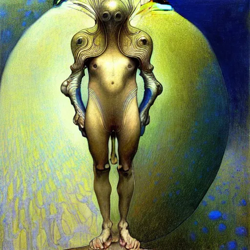 Prompt: realistic extremely detailed portrait painting of an average futuristic man by Jean Delville, Amano, Yves Tanguy, Alphonse Mucha, Ernst Haeckel, Edward Robert Hughes, Roger Dean, rich muted pastel moody colors, gold eyes