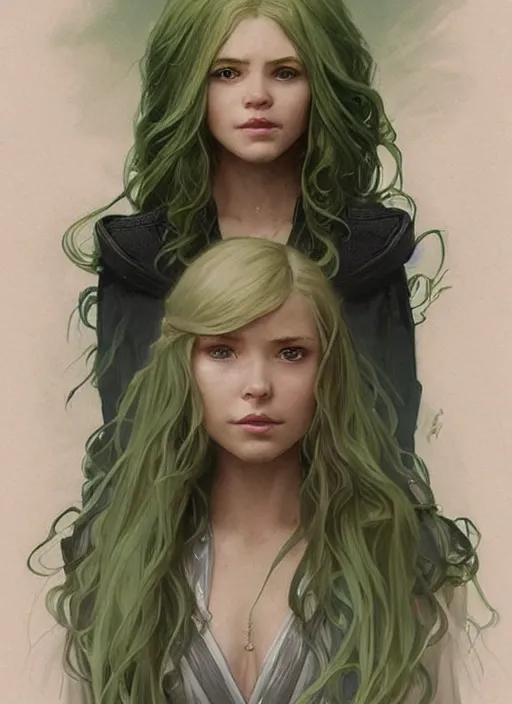 Image similar to a young april with a mischievous face and extremely long blonde wavy hair dressed in a green pale suit, she is a jedi from star wars, intricate detailed face, artgerm, greg rutkowski, alphonse mucha