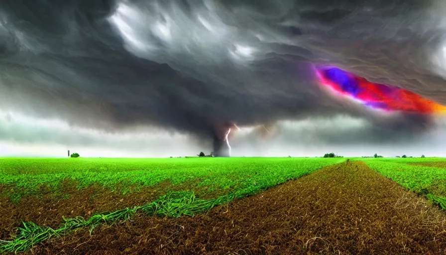 Image similar to a tornado rips through a farm field, digital art, highly detailed, realistic, bright colors, 8 k