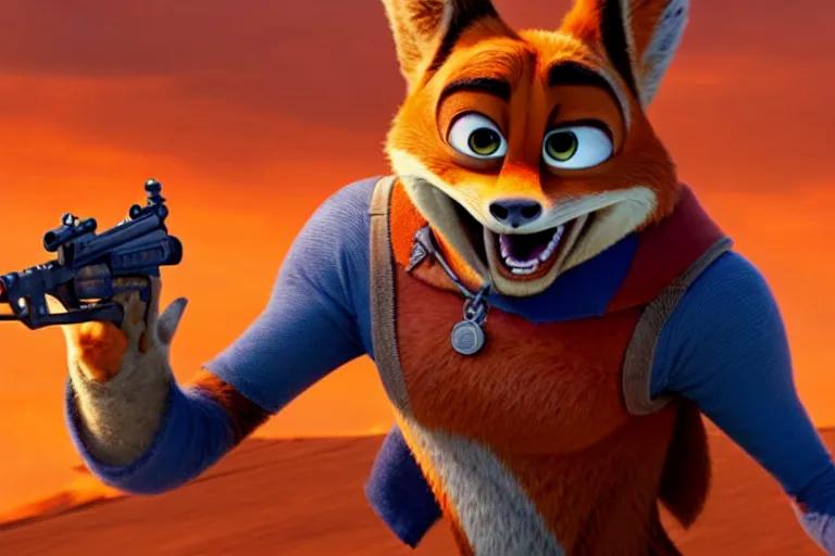 Prompt: nick wilde ( from zootopia ), heavily armed and armored facing down armageddon in a dark and gritty reboot from the makers of mad max : fury road : witness me