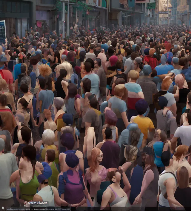 Image similar to crowds on the street have puppet's line on theirs bodies. concept art, unreal engine 5, maya