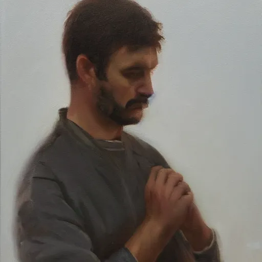 Prompt: an oil painting of a sad man, highly detailed, trending on artstation - n 8