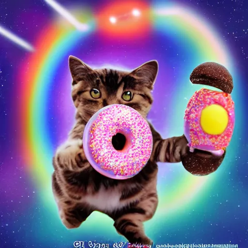 Image similar to cat with a pop sprinkle doughnut body flying though space shooting rainbows