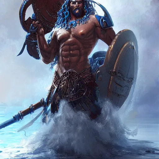 Prompt: a portrait of a poseidon as a warrior, with scale armor, by eddie mendoza featured on artstation