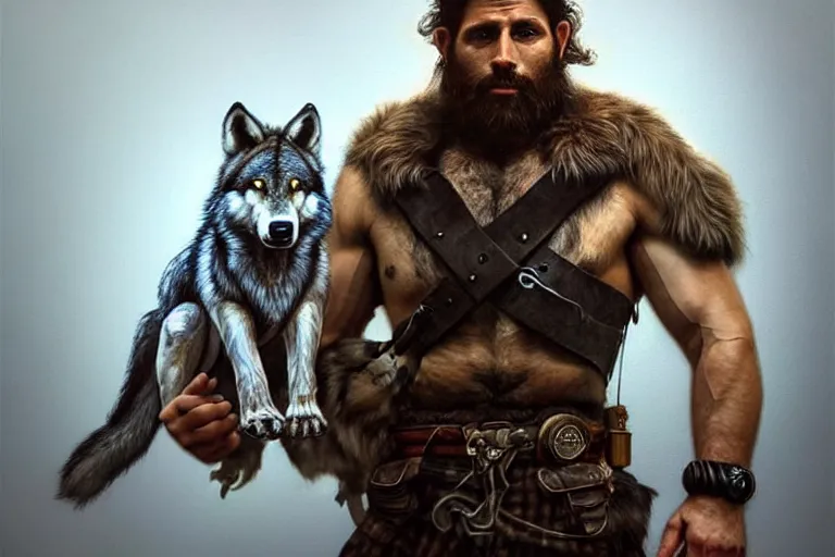 Image similar to photorealistic full body portrait of a gruff ranger with a pet wolf, lean and toned, handsome face, hairy chest and hairy body, D&D, intricate, elegant, highly detailed, digital painting, artstation, concept art, matte, sharp focus, chiaroscuro, well lit, illustration, art by Artgerm and Greg Rutkowski and Alphonse Mucha