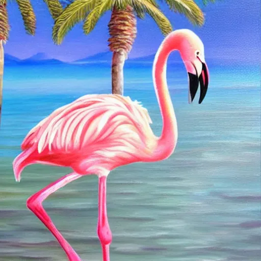 Image similar to cute flamingos with furry feathers in lake with palm trees detailed oil painting