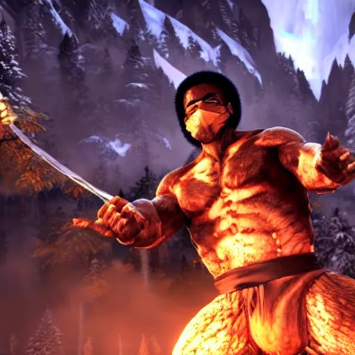 Image similar to Bob Ross Mortal Kombat performing fatality, unreal engine, 8k highly detailed