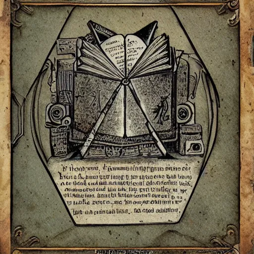 Prompt: depiction of artificial intelligence in grimoire, neural networks, vintage look, weathered pages, spells, demons, high detail,