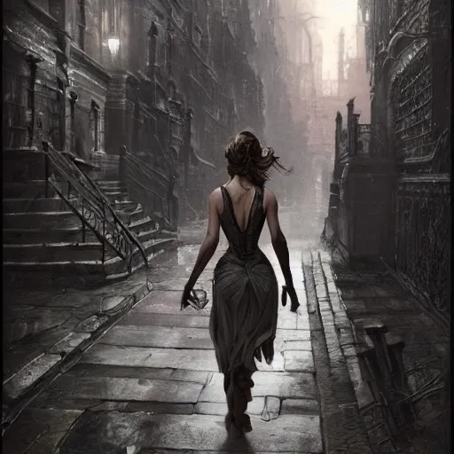 Prompt: back view of kate beckinsale as investigiator walking down street in arkham town, female, detailed face, gorgeous, amazing, new england architecture, 1 9 2 0 style, intricate, highly detailed, musculine, lovecraft illustration, painting by gaston bussiere, craig mullins