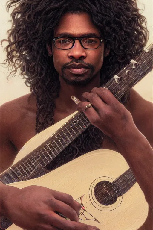 Prompt: A mystical mesmerizing 8k hyperrealistic Photo Portrait of a black man with long curly hair, wearing glasses, carrying a guitar, transforming into ice, soft, sharp focus, detailed, art by Greg Rutkowski and artgerm and Alphonse Mucha