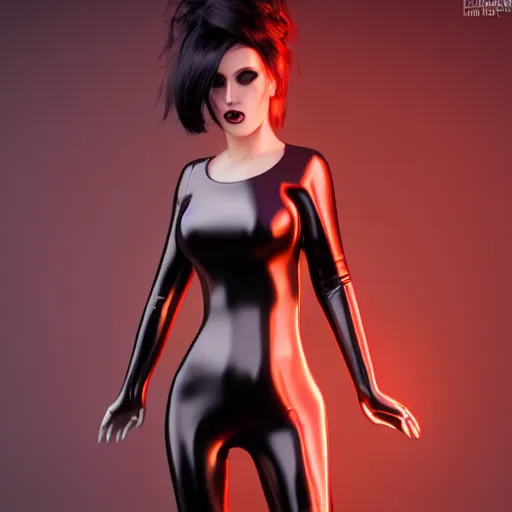 Image similar to feminine hot goth woman with tight curvy shiny outfit, photorealistic, sublime, dark, amorous, 16k, smooth, sharp focus, cgsociety, ArtStation, volumetric lighting