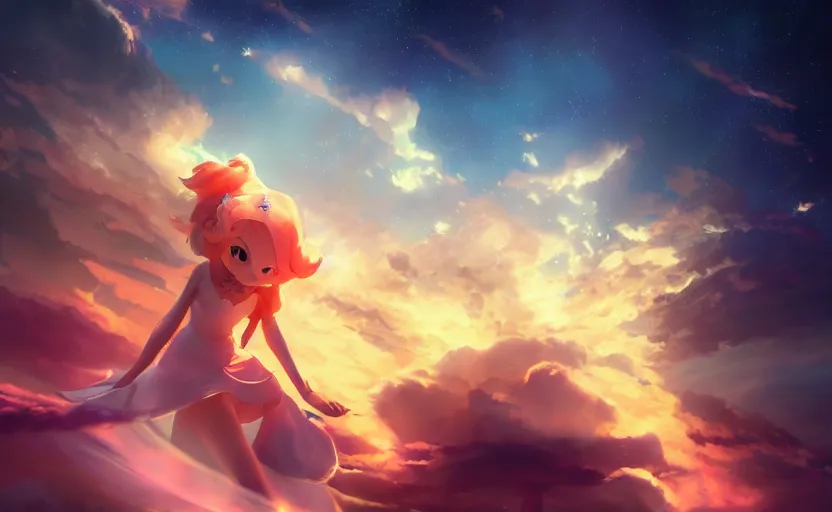 Prompt: Princess rosalina, anime painting, 3d render, hyper realistic, dramatic lighting, the sky is a nebula on fire, 8k hdr pixiv dslr photo by Makoto Shinkai ilya kuvshinov and Wojtek Fus, digital art, concept art,