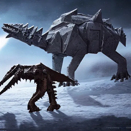 Image similar to a fusion between the tarrasque and an AT-AT, flat grey color, completely metal, walking across ice planet, hyper-realistic CG