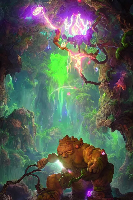 Image similar to arcane fantasy art giant golem elemental wood rock bastion forged gemstone enchanted forest troll, global illumination ray tracing hdr fanart arstation by sung choi and eric pfeiffer and gabriel garza and casper konefal lisa frank zbrush central hardmesh radiating a glowing aura