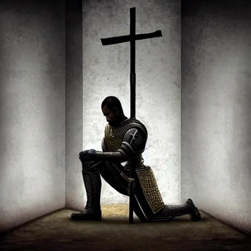 Prompt: A young man stands kneeling inside a prison cell. Clad in shining armor he kneels and prays to a God others would have long abandoned. Sunshine lightly grazes his cheeks as he prays, his broken spear used as a cross to focus on. The knight's expression is sad, pensive, but resolute, decisive and stubborn.
