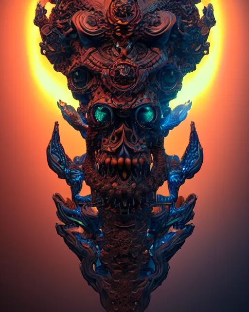 Image similar to 3 d ornate carved dark cosmic warrior with profile portrait, sigma 5 0 0 mm f / 5. beautiful intricate highly detailed quetzalcoatl skull. bioluminescent, plasma, lava, ice, water, wind, creature, thunderstorm! artwork by tooth wu and wlop and beeple and greg rutkowski, 8 k trending on artstation