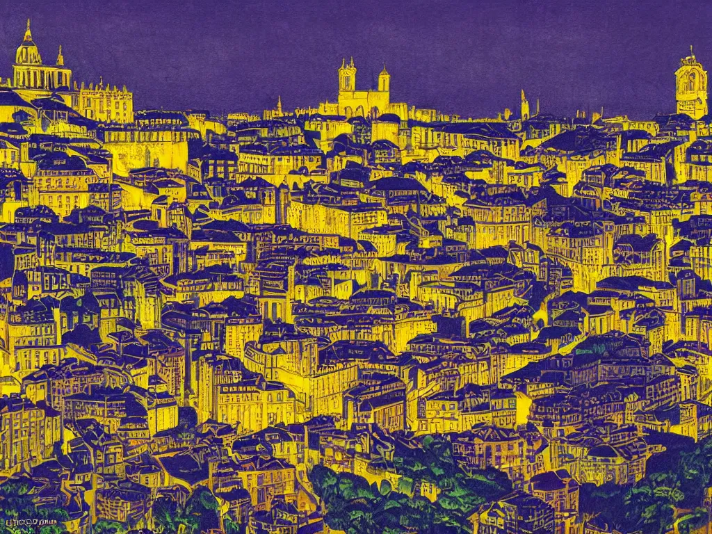 Image similar to lisbon city at night, art in the style of fernando calhau
