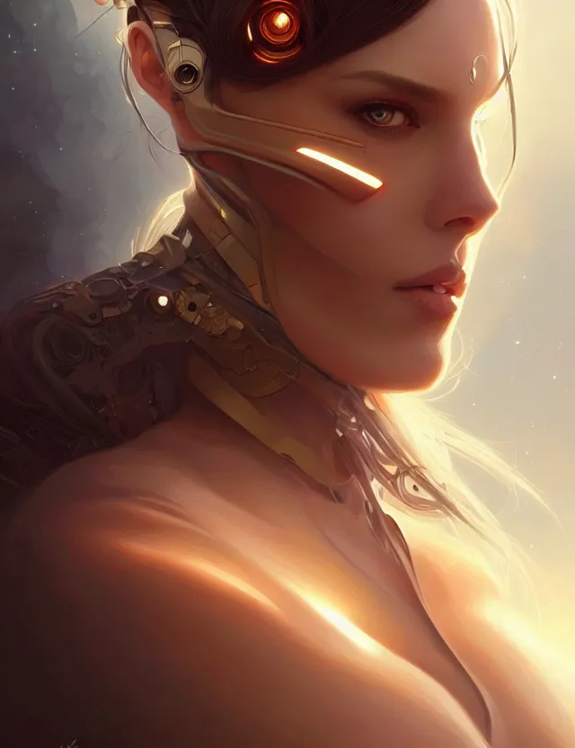 Image similar to futuristic woman portrait, sci-fi, amber eyes, face, long hair, fantasy, intricate, elegant, highly detailed, digital painting, artstation, concept art, smooth, sharp focus, illustration, art by artgerm and greg rutkowski and alphonse mucha