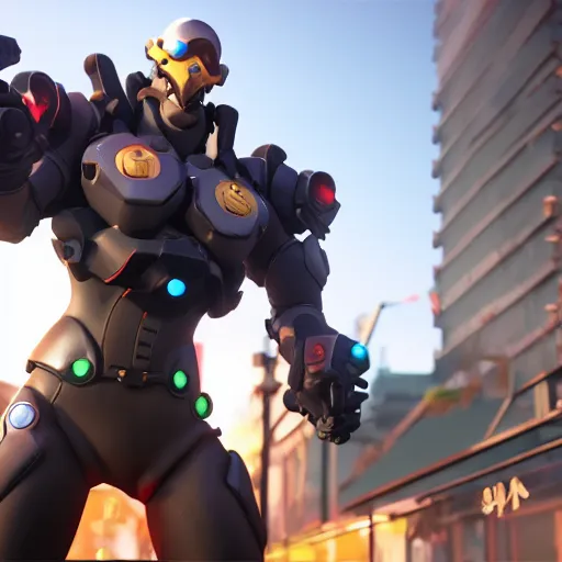 Image similar to ho chi minh is the newest overwatch character, kings row in the background, octane render, blender render, unreal engine, standing pose, cinematic lighting, symmetrical