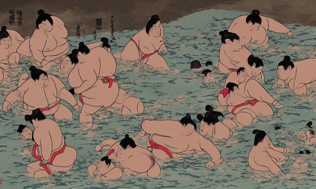 Prompt: Sumo Wrestlers Enjoy Hot Springs in Kyoto on a Summer Evening, art by Gengoroh Tagame and Yasutomo Oka