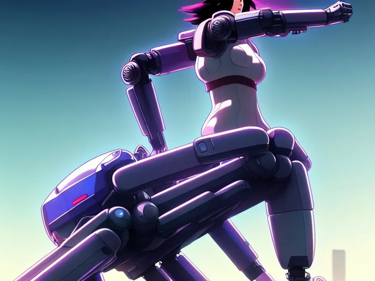 Image similar to a fullbody portrait of motoko kusanagi riding on top of a tachikoma : : stand alone complex, ghost in the shell, netflix : : by ilya kuvshinov, rossdraws, artgerm, sola digital arts, anti aliasing, raytracing : :