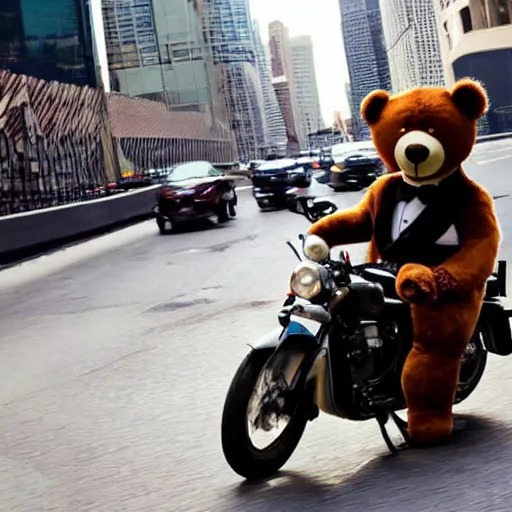 Prompt: a teddy bear wearing a formal suit while driving a motorcycle at a city