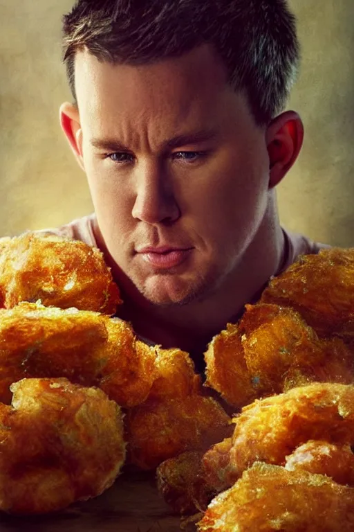 Image similar to channing tatum in a tater tot costume, oil on canvas, intricate, portrait, 8 k highly professionally detailed, hdr, cgsociety