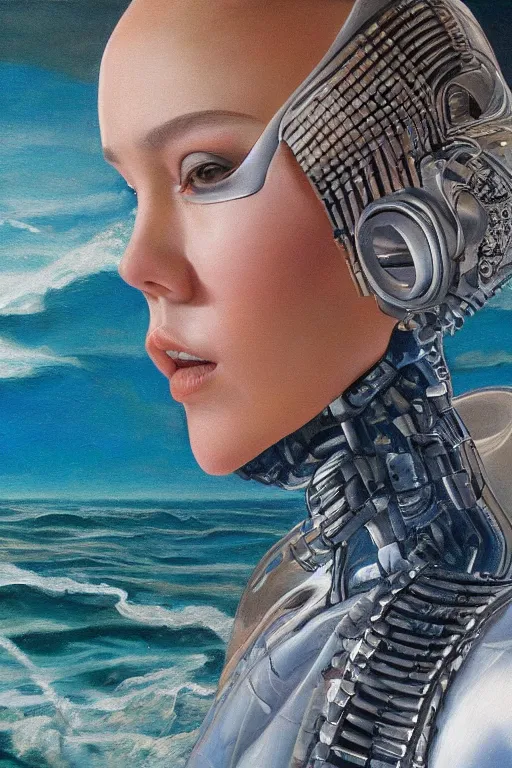 Prompt: hyperrealism oil painting, close-up portrait, Fashion model with cyborg partner, ocean pattern mixed with star sky in front, in style of classicism mixed with 70s japanese sci-fi book art