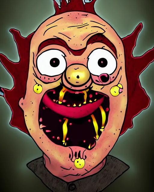 Image similar to portrait of an ugly old possessed crying clown in the style of justin roiland. ugly, creepy, demonic, horror. cinematic lighting. style of rick & morty. photographic, photography. by justin roiland