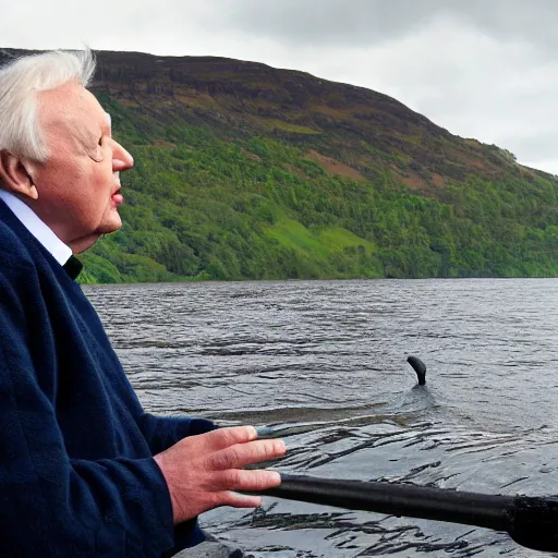 Prompt: Sir David Attenborough at Loch Ness looking at the Loch Ness Monster