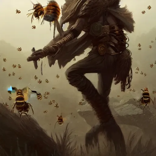 Image similar to a skinny Hunter from Stone Age surrounded by bees Greg Rutkowski and Raymond Swanland, Trending on Artstation, cloudy background, ultra realistic digital art