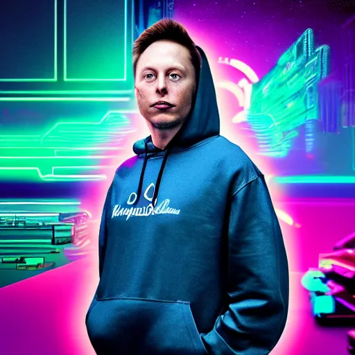 Image similar to elon in hoodie, portrait, vaporwave, synthwave, neon, vector graphics, cinematic, volumetric lighting, f 8 aperture, cinematic eastman 5 3 8 4 film, photorealistic