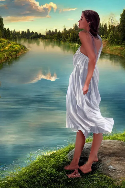 Image similar to a beautiful woman looking to the right side wearing a white dress, river in the background, serene scene, soft lighting, complementary colors, anatomically correct, five fingers, matte painting, centered, symmetrical, low contrast, heaven, path traced, highly detailed, high quality, 4 k, hyperrealistic, soft colors, beautiful landscape, realistic and defined face