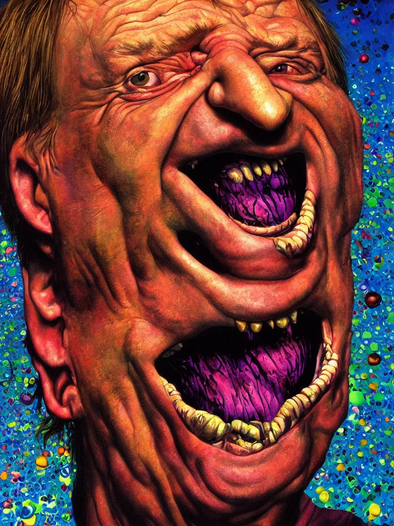 Prompt: hyper realistic painting, head of mark e smith from the fall laughing maniacally, outer glow, by chuck close, lisa frank, simon bisley, and richard corben, very intense, depth of field, depth perception, hyperdetailed, rich deep vivid colours, sharp focus, directional lighting