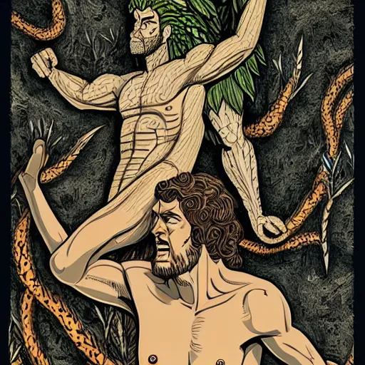 Image similar to adam and eve bigger than godzilla, apotheon art style, smooth painting, each individual seeds have ultra high detailed, 4 k, illustration, torn cosmo magazine style, pop art style, ultra realistic, underrated, by mike swiderek, jorge lacera, ben lo, tyler west