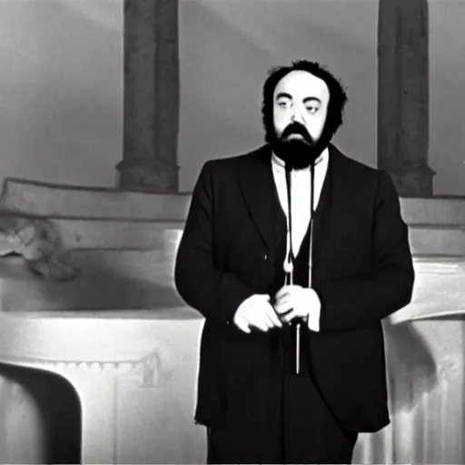 Prompt: film still of luciano pavarotti as kane giving a speech in citizen kane 1 9 4 1