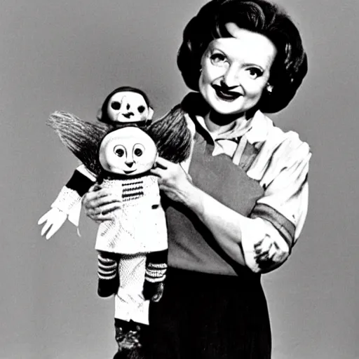 Prompt: betty white holding chucky the killer doll