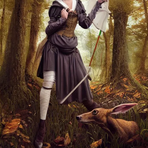 Image similar to A masterpiece portrait of a Incredibly beautiful maid barique renaissance swamp nun girl hunting on deer with russian greyhound medium shot, intricate, elegant, highly detailed. trending on artstation, digital art, by Stanley Artgerm Lau, WLOP, Rossdraws, James Jean, Andrei Riabovitchev, Marc Simonetti, Yoshitaka Amano. background by James Jean and Gustav Klimt, light by Julie Bell, 4k, porcelain skin.