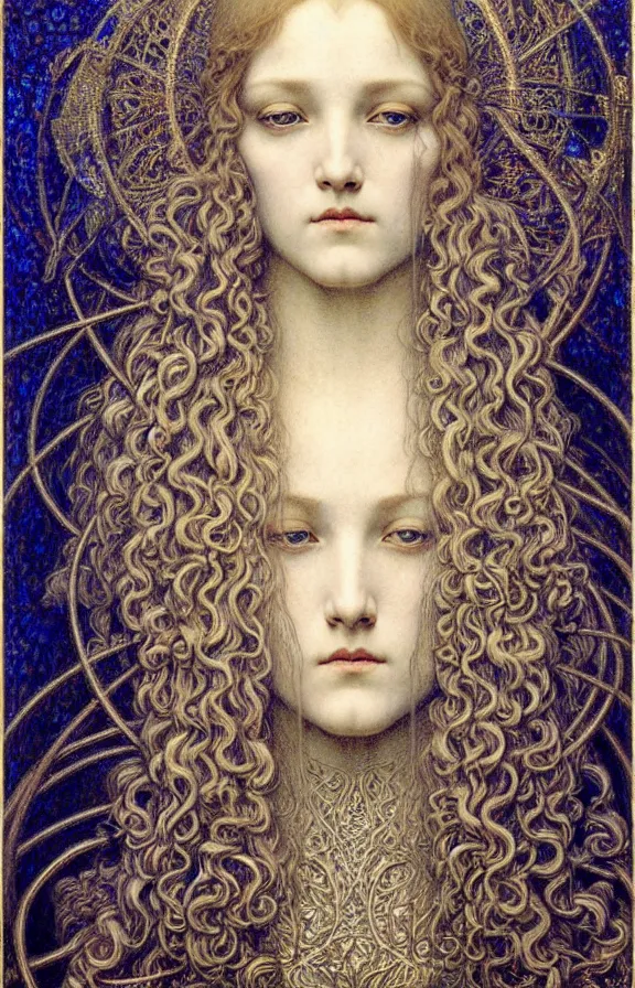 Image similar to detailed realistic beautiful young medieval queen face portrait by jean delville, gustave dore and marco mazzoni, art nouveau, symbolist, visionary, gothic, pre - raphaelite. horizontal symmetry