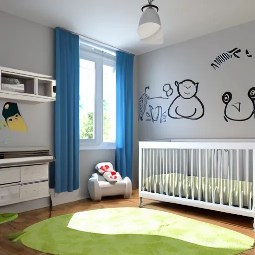 Prompt: modern interior home design for baby room, with cute drawings and colors. Photorealistic, ultra-detailed, high resolution, HDR shot