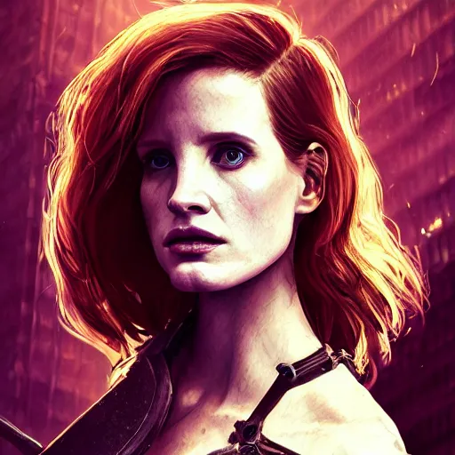 Prompt: jessica chastain portrait, dystopia core, apocalyptic, armor, warrior, dramatic, sharp focus, fiction, neon, fantasy, hyper detailed, digital art, trending in artstation, cinematic lighting, studio quality, smooth render, unreal engine 5 rendered, octane rendered, art style and nixeu and wlop and krenz cushart