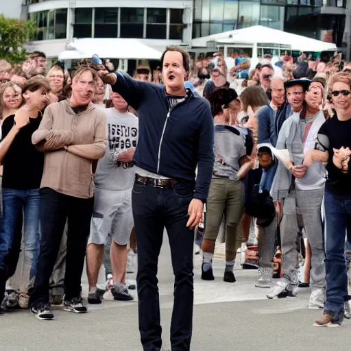 Prompt: will arnett crying with big smile on face standing in the middle of a parking lot, with many people running away