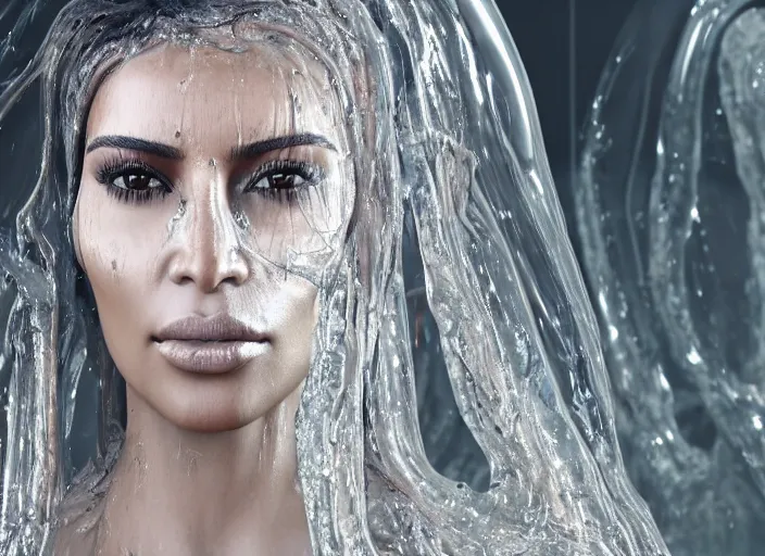 Image similar to epic still of kim kardashian trapped in a transparent alien liquid, wet flowing hair, gooey skin, illustration, unreal engine 5, 8 k, made by h. r. giger.