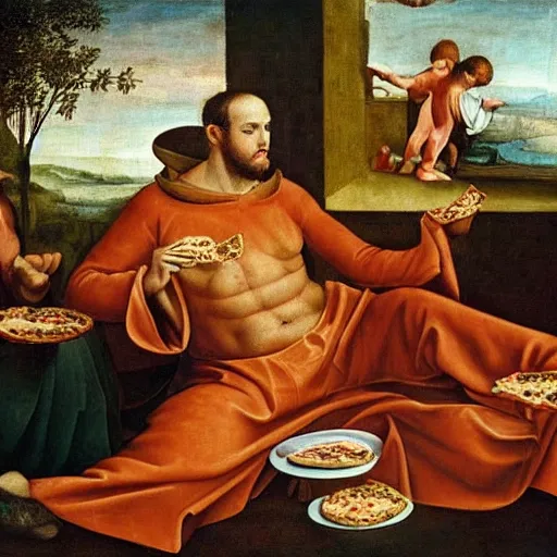 Image similar to a renaissance painting of a man eating pizza on the couch in his pajamas