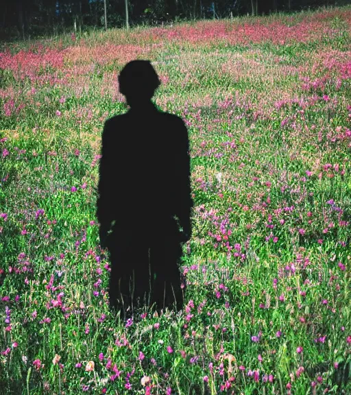 Image similar to tall shadow person figure standing in beautiful meadow of flowers, high quality film photo, grainy, high detail, high resolution